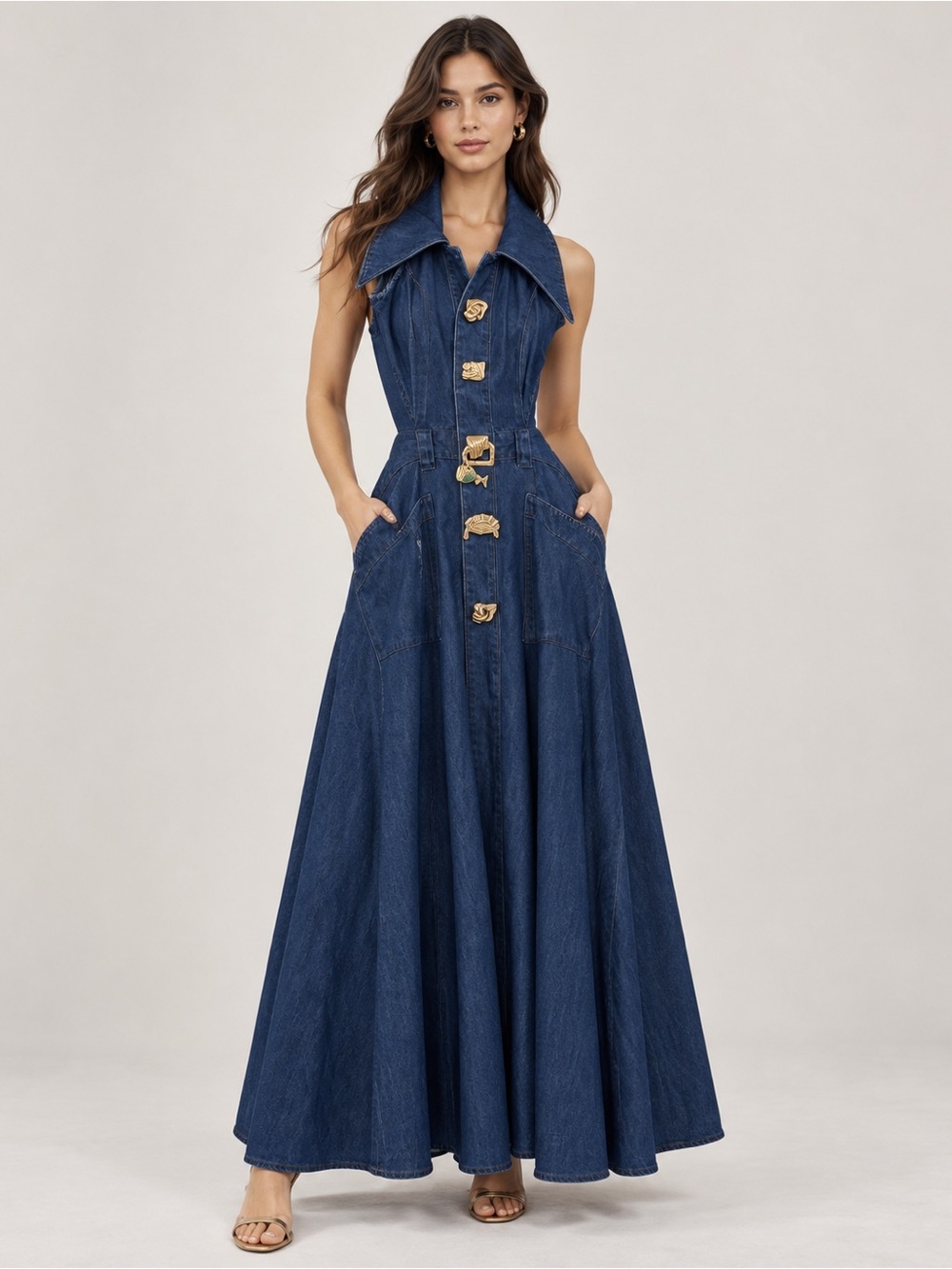 Sleeveless Blue Denim Maxi Dress with Cutout Waist